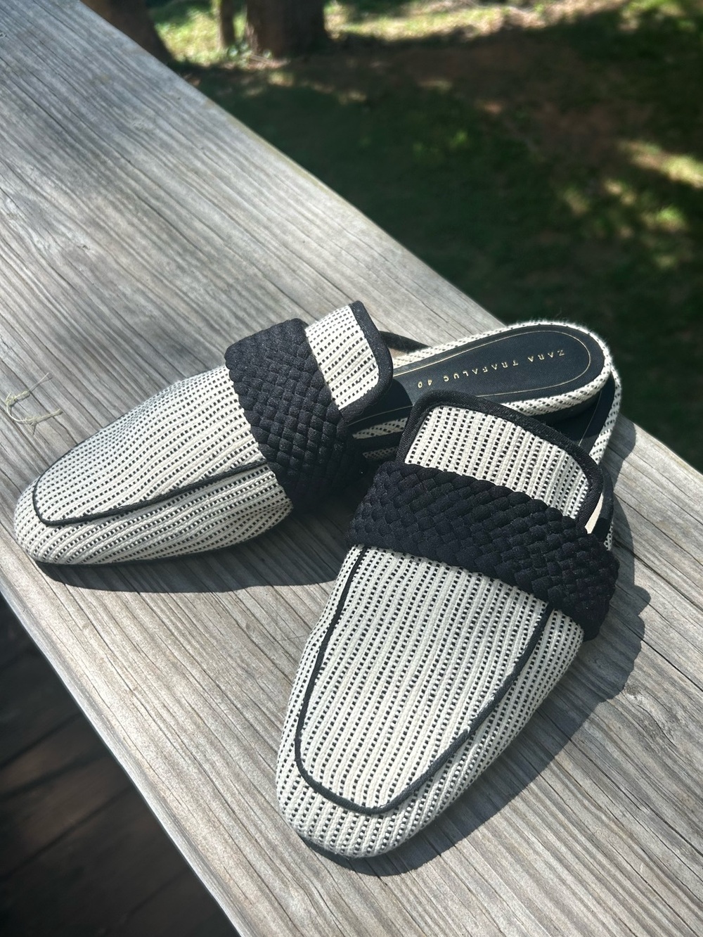 Zara Black and White Woven Backless Mules